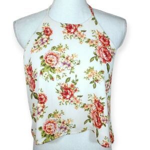 OBOE CREAM & PINK FLORAL HALTER TOP SZ.M EUC.